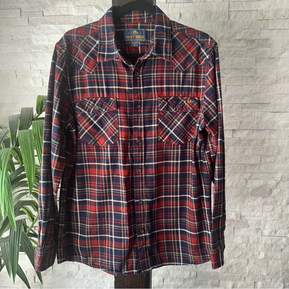 Salty Crew Navy Red Plaid Flannel Button Down Size M